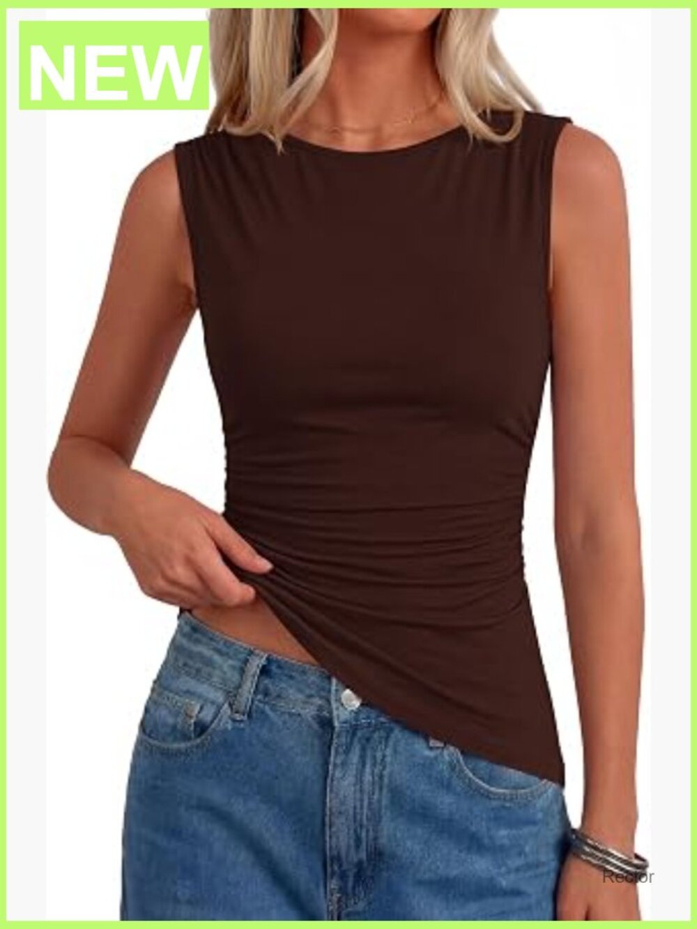 Sleeveless Boat Neck Tank Top with Ruched Waist Asymmetrical Hem Slim Fit